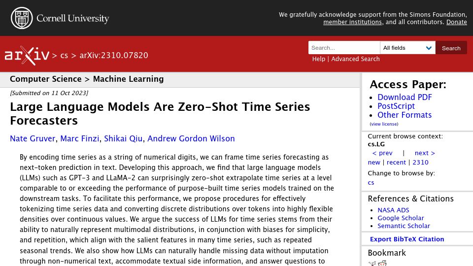 Screenshot of arxiv.org: Large Language Models Are Zero-Shot Time Series Forecasters