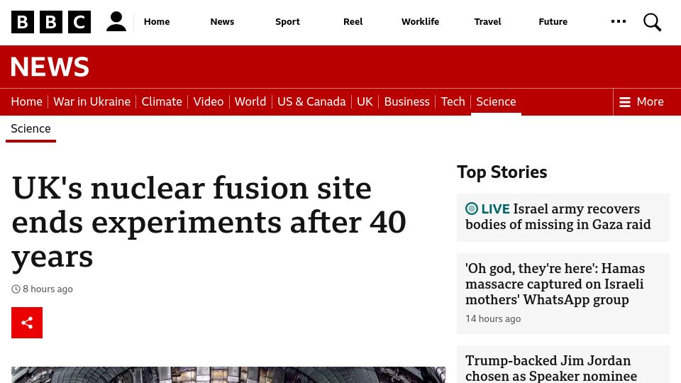 Screenshot of bbc.co.uk: UK's nuclear fusion site ends experiments after 40 years