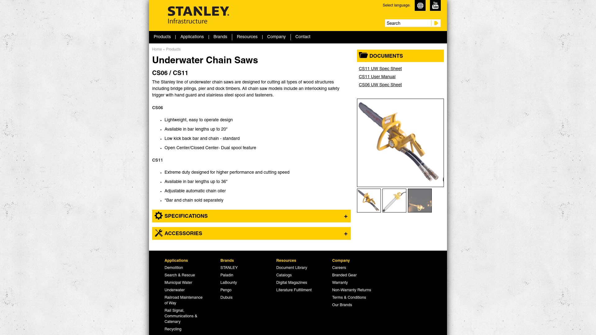 Screenshot of stanleyinfrastructure.com: Underwater Chain Saws