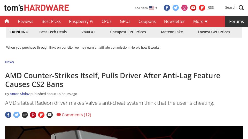 Screenshot of tomshardware.com: AMD Counter-Strikes itself, pulls driver after anti-lag feature causes CS2 bans