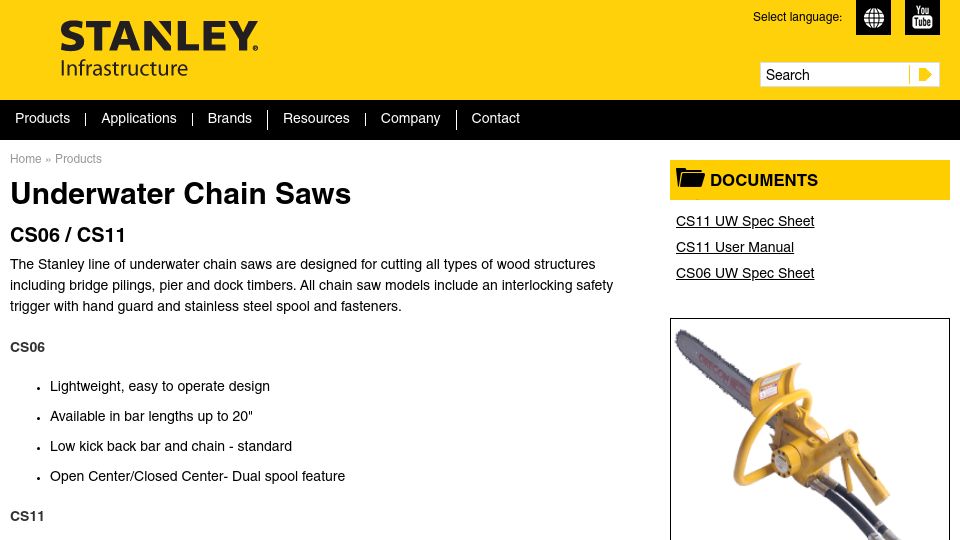 Screenshot of stanleyinfrastructure.com: Underwater Chain Saws