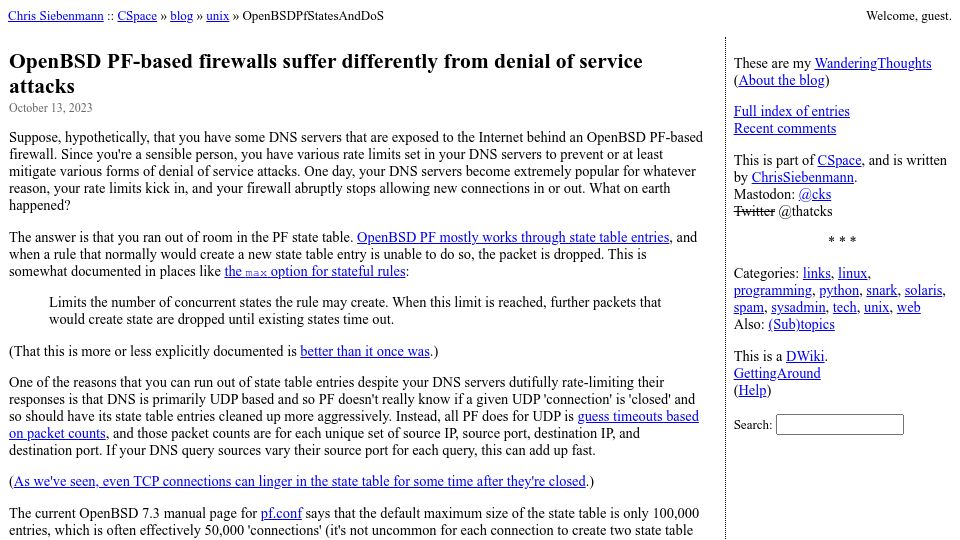 Screenshot of utcc.utoronto.ca: OpenBSD PF-based firewalls suffer differently from denial of service attacks