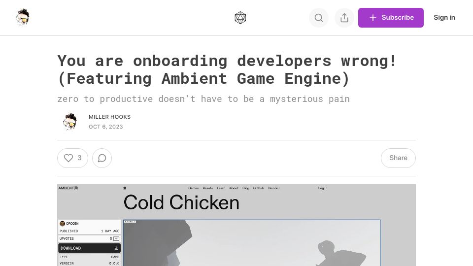 Screenshot of dickymirrors.substack.com: You are onboarding developers wrong (Featuring Ambient Game Engine)