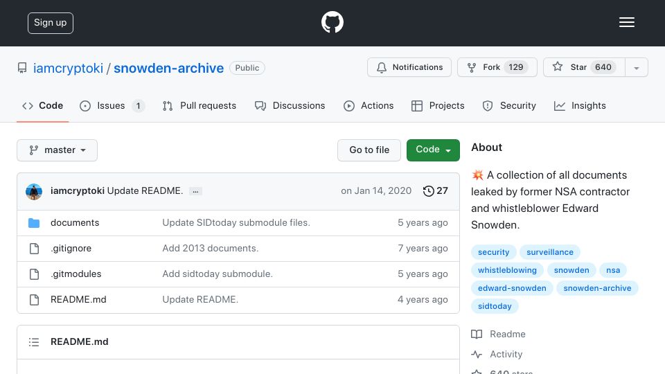 Screenshot of github.com: Snowden Archive – documents leaked by Snowden