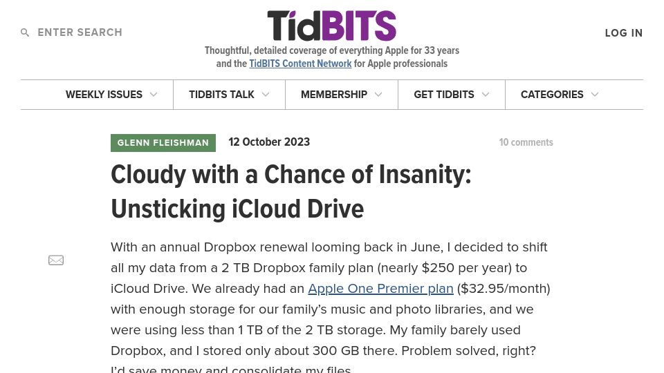 Screenshot of tidbits.com: Cloudy with a Chance of Insanity: Unsticking iCloud Drive