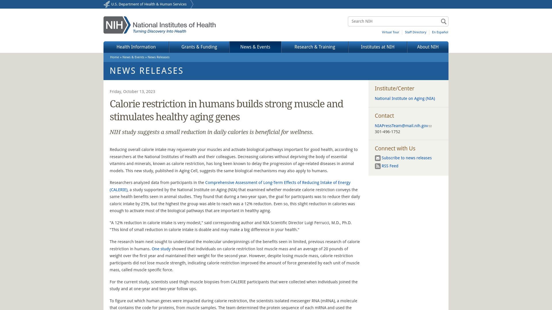 Screenshot of nih.gov: Calorie restriction in humans builds strong muscle and stimulates healthy aging