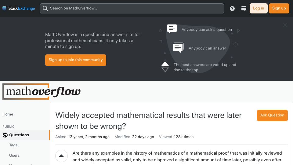 Screenshot of mathoverflow.net: Widely accepted mathematical results that were later shown to be wrong? (2010)