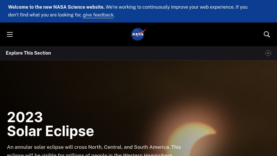 Screenshot of science.nasa.gov: 2023 Solar Eclipse – Oct 14