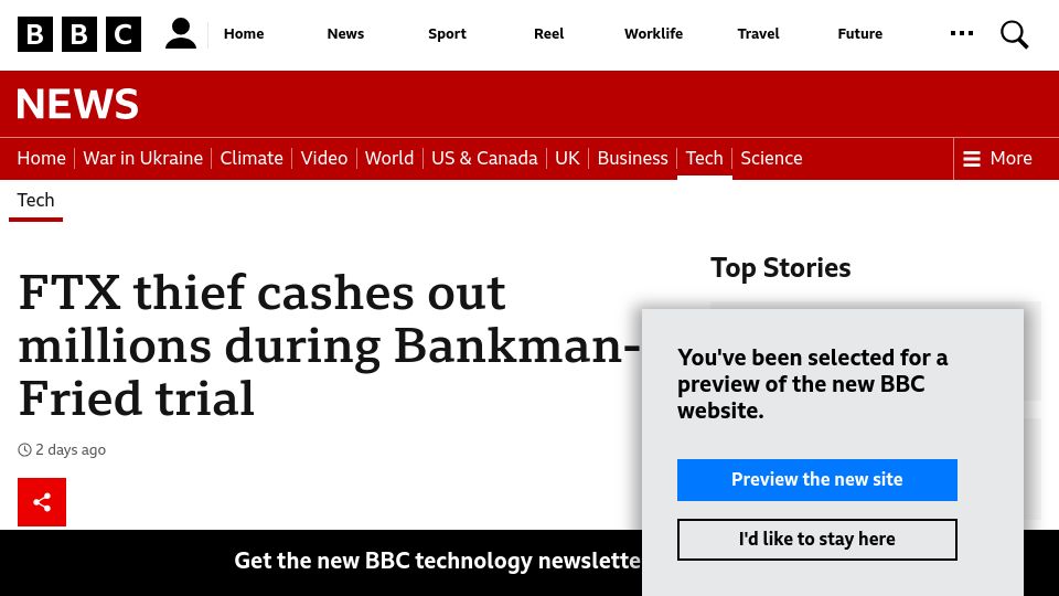 Screenshot of bbc.com: Bitcoin stolen from FTX being converted to cash via "mixer"