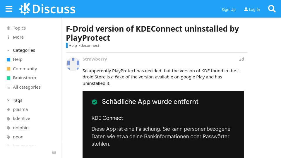 Screenshot of discuss.kde.org: F-Droid version of KDEConnect uninstalled by PlayProtect
