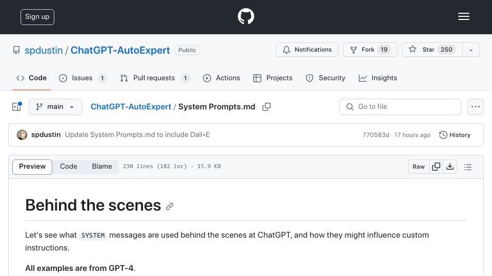 Screenshot of github.com: ChatGPT’s system prompts
