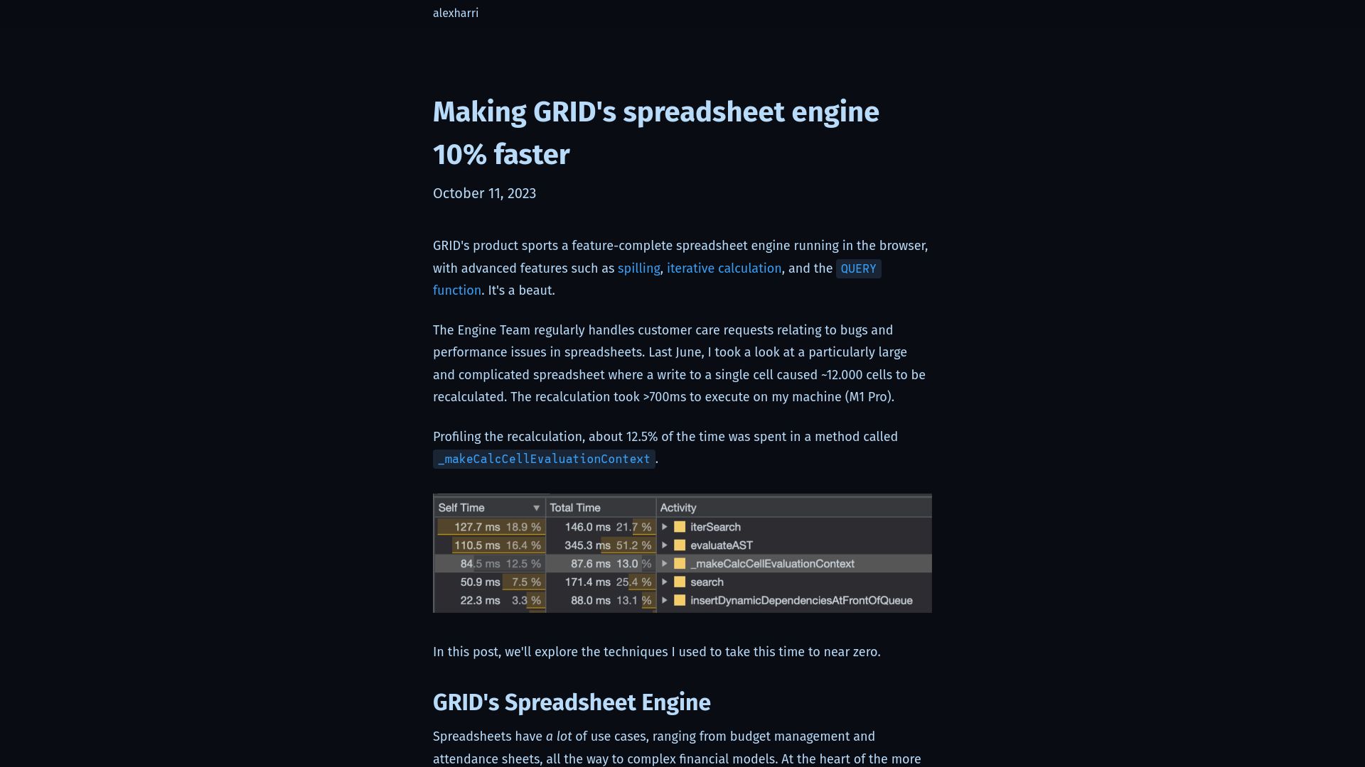 Screenshot of alexharri.com: Making GRID's spreadsheet engine 10% faster
