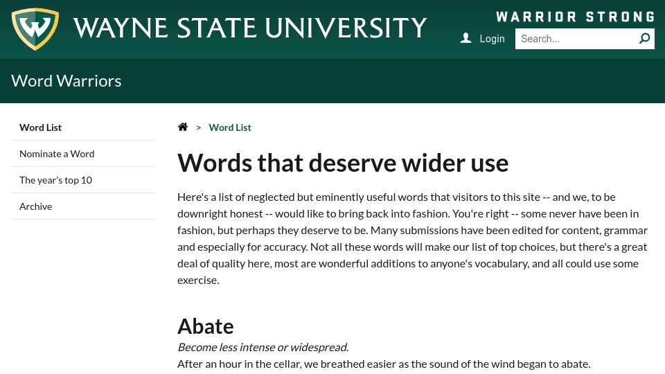 Screenshot of wordwarriors.wayne.edu: Words that deserve wider use