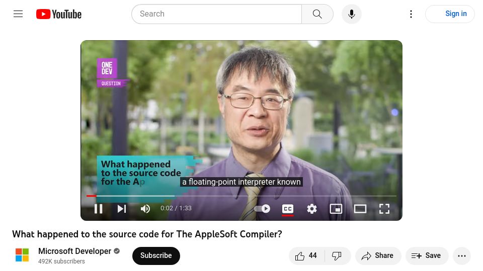 Screenshot of youtube.com: What happened to the source code for The AppleSoft Compiler?