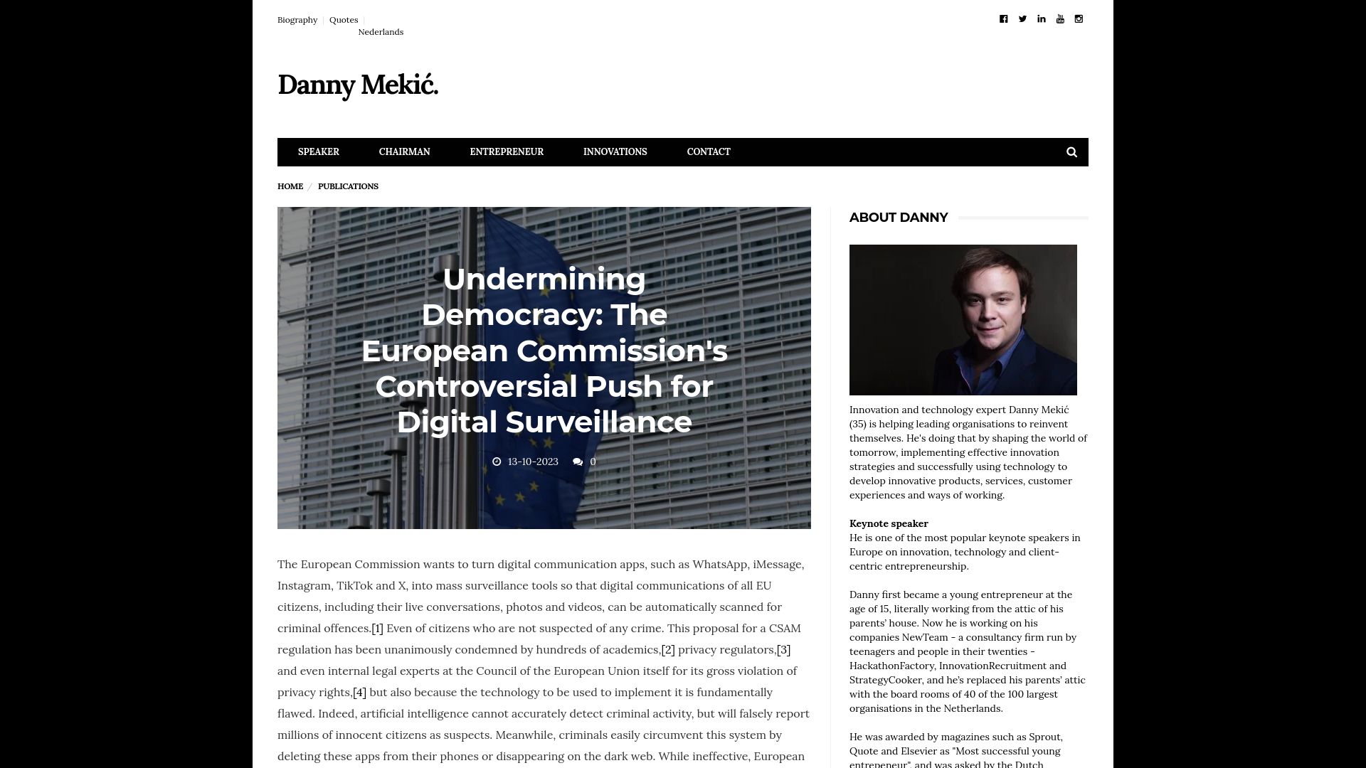 Screenshot of dannymekic.com: Undermining Democracy: The EU Commission's Controversial Push for Surveillance