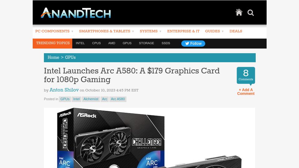 Screenshot of anandtech.com: Intel Launches Arc A580: A $179 Graphics Card for 1080p Gaming