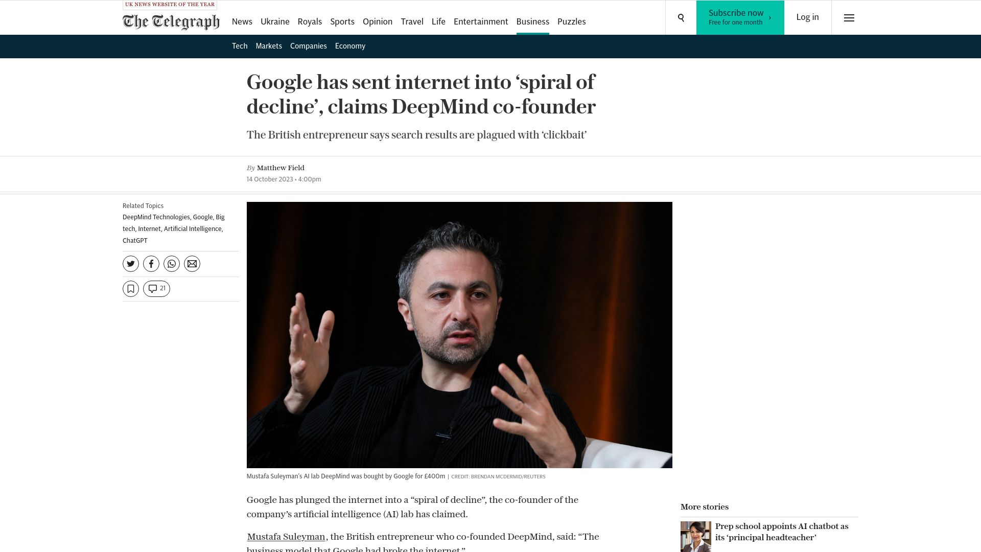Screenshot of telegraph.co.uk: Google has sent internet into 'spiral of decline', claims DeepMind co-founder