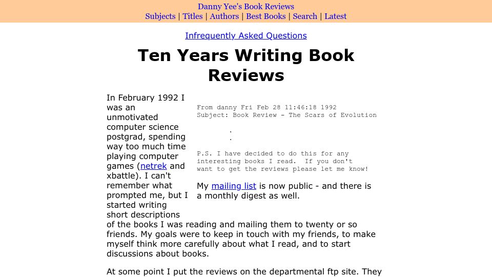 Screenshot of dannyreviews.com: Ten Years Writing Book Reviews (2003)