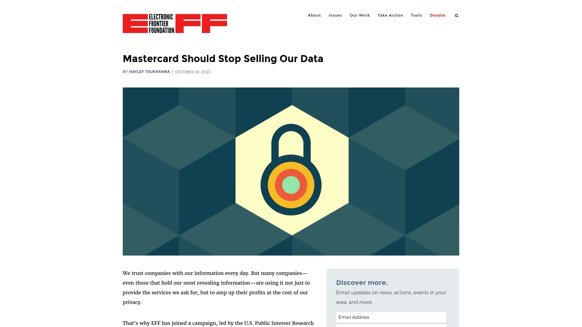 Screenshot of eff.org: Mastercard Should Stop Selling Our Data