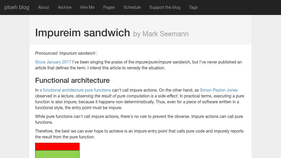 Screenshot of blog.ploeh.dk: Impureim Sandwich (2020)