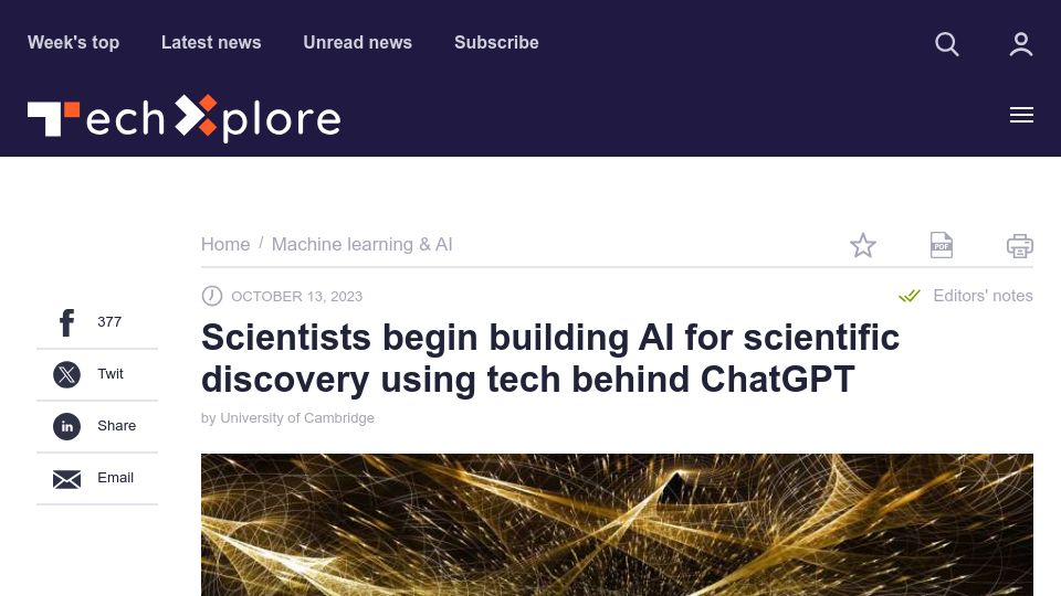 Screenshot of techxplore.com: Scientists begin building AI for scientific discovery using tech behind ChatGPT