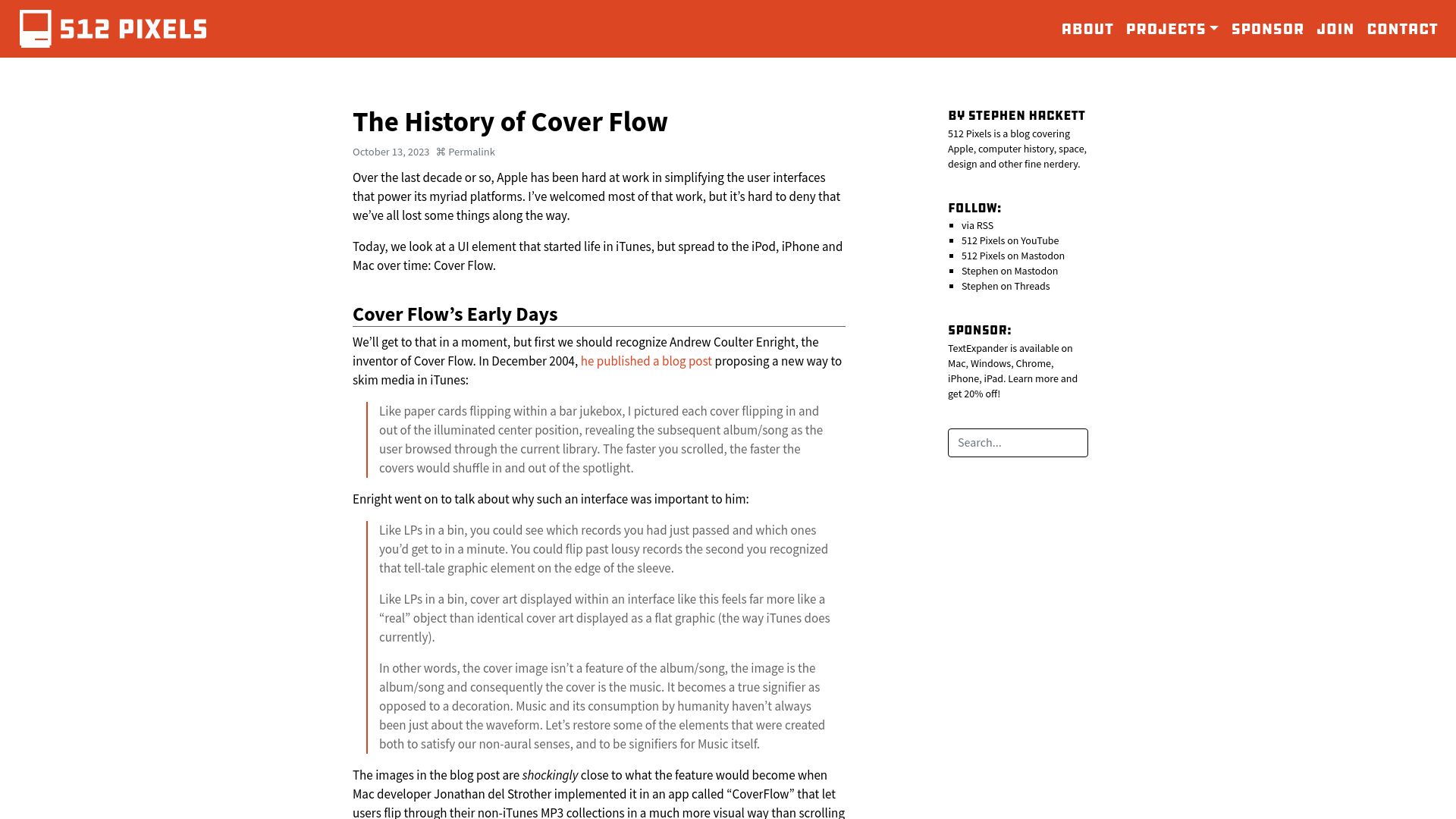 Screenshot of 512pixels.net: The History of Cover Flow