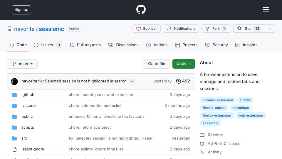 Screenshot of github.com: Sessionic: A cross-browser extension to save, manage, restore tabs and sessions
