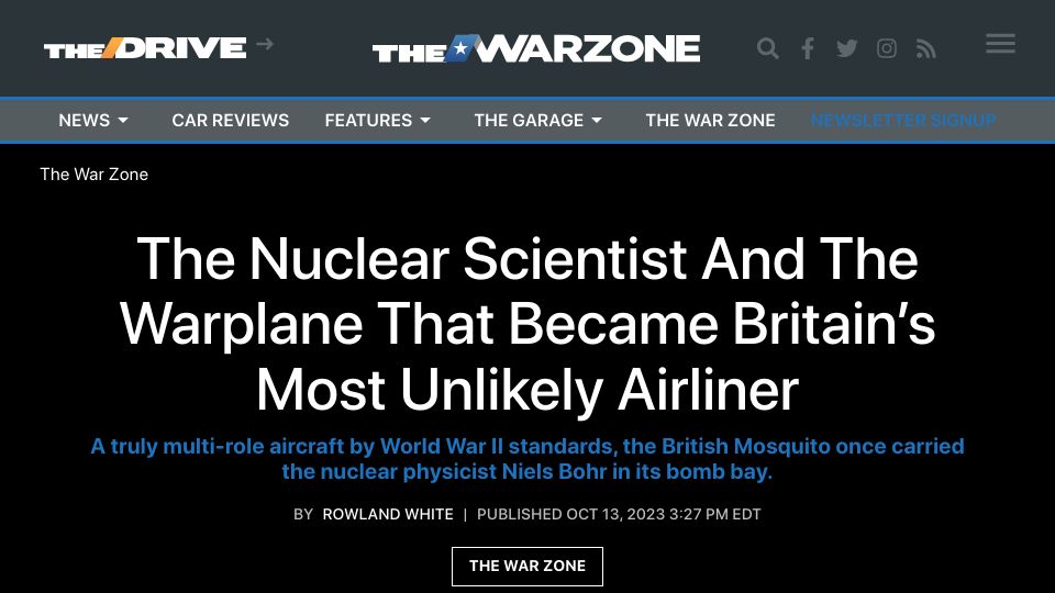 Screenshot of thedrive.com: The British Mosquito once carried Niels Bohr in its bomb bay