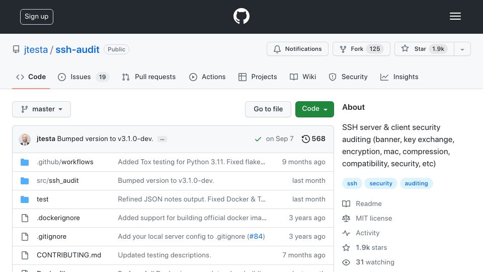 Screenshot of github.com: SSH-audit: SSH server and client security auditing