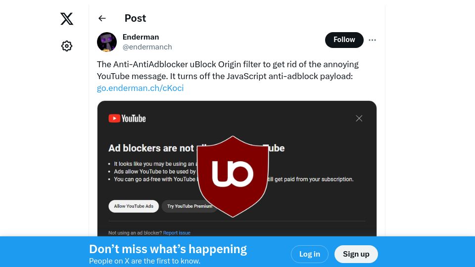 Screenshot of twitter.com: Anti-Anti-Adblocker uBlock filter to get rid of the annoying YouTube message