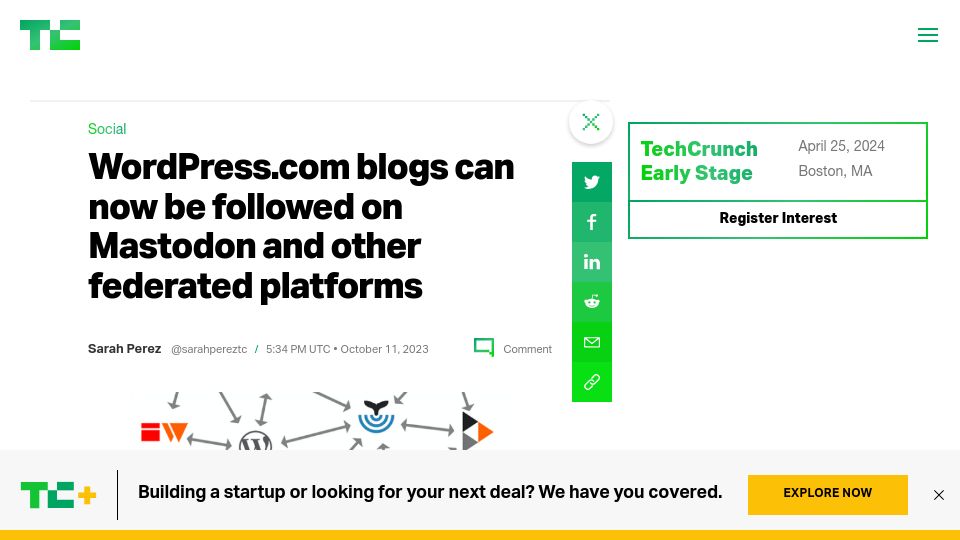 Screenshot of techcrunch.com: WordPress blogs can now be followed on Mastodon and other federated platforms