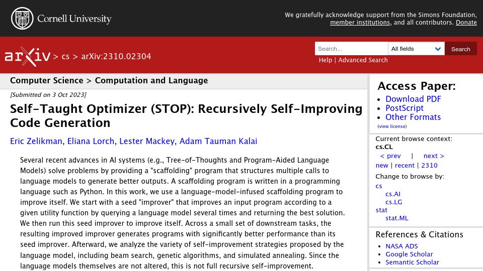 Screenshot of arxiv.org: Self-Taught Optimizer (Stop): Recursively Self-Improving Code Generation