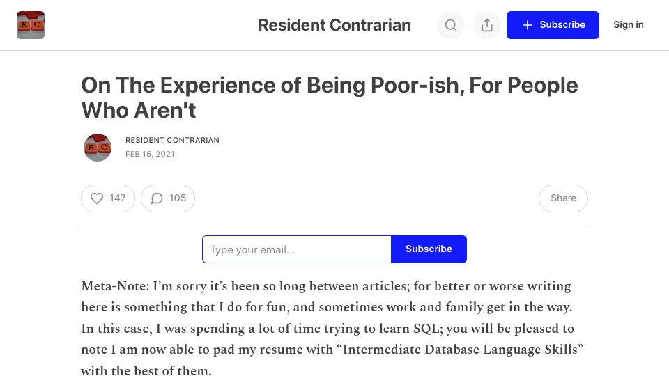 Screenshot of residentcontrarian.com: On the Experience of Being Poor-Ish, for People Who Aren't