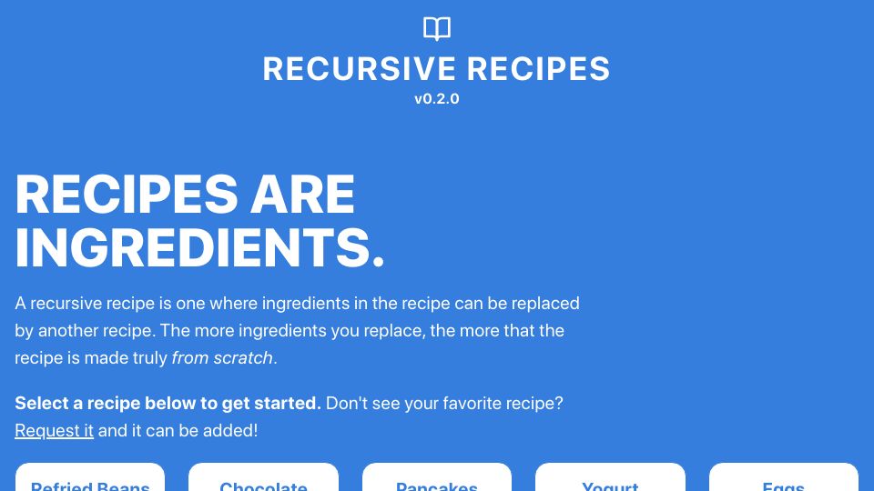 Screenshot of recursiverecipes.schollz.com: Recursive Recipes