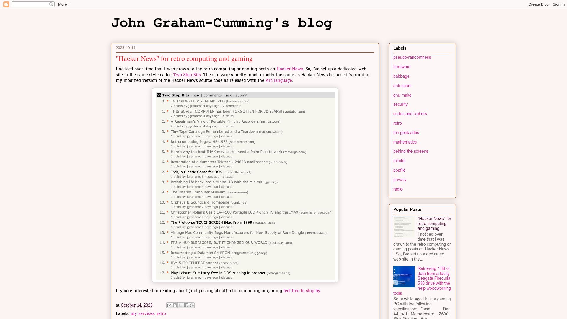 Screenshot of blog.jgc.org: "Hacker News" for retro computing and gaming