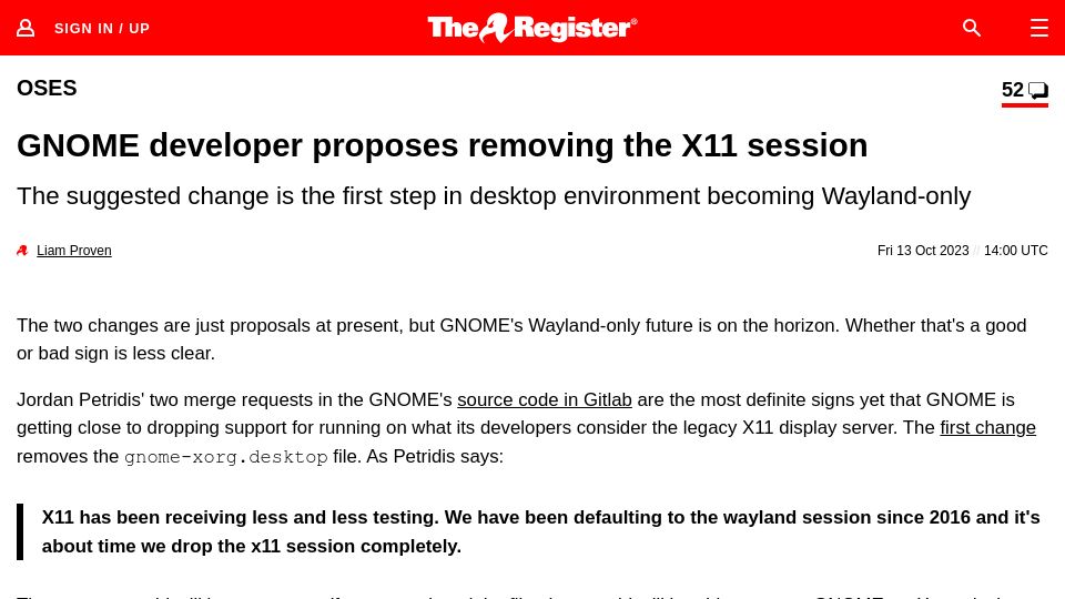Screenshot of theregister.com: Gnome developer proposes removing the X11 session
