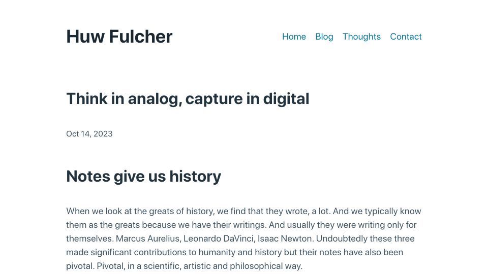 Screenshot of huwfulcher.com: Think in Analog, Capture in Digital