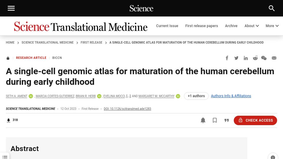 Screenshot of science.org: Single-cell genomic atlas for maturation of human cerebellum in early childhood