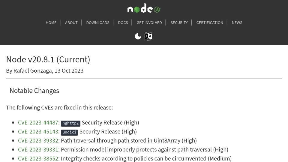 Screenshot of nodejs.org: Node.js – v20.8.1