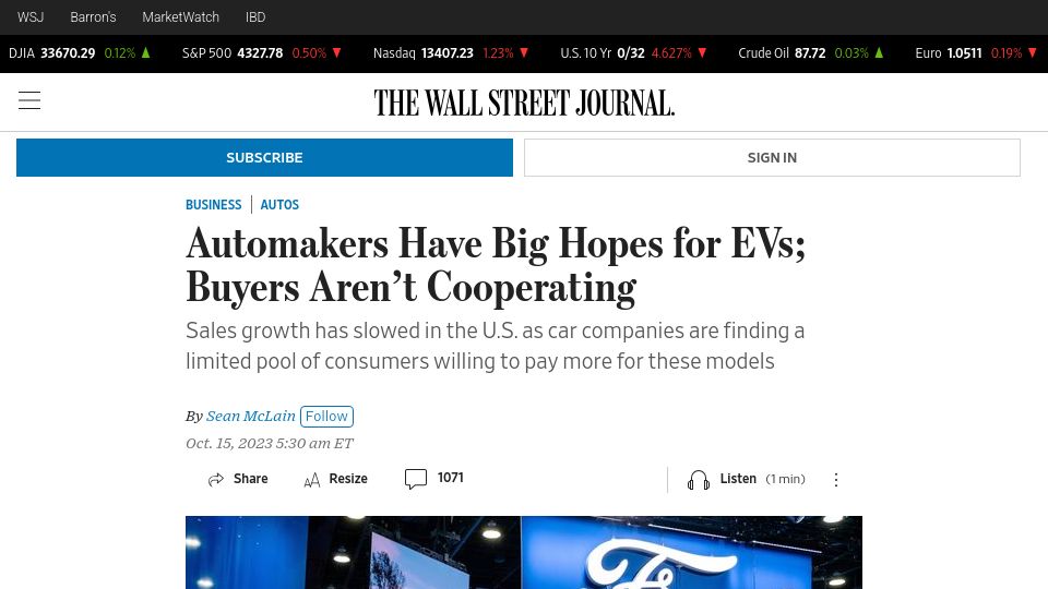 Screenshot of wsj.com: Automakers Have Big Hopes for EVs; Buyers Aren't Cooperating