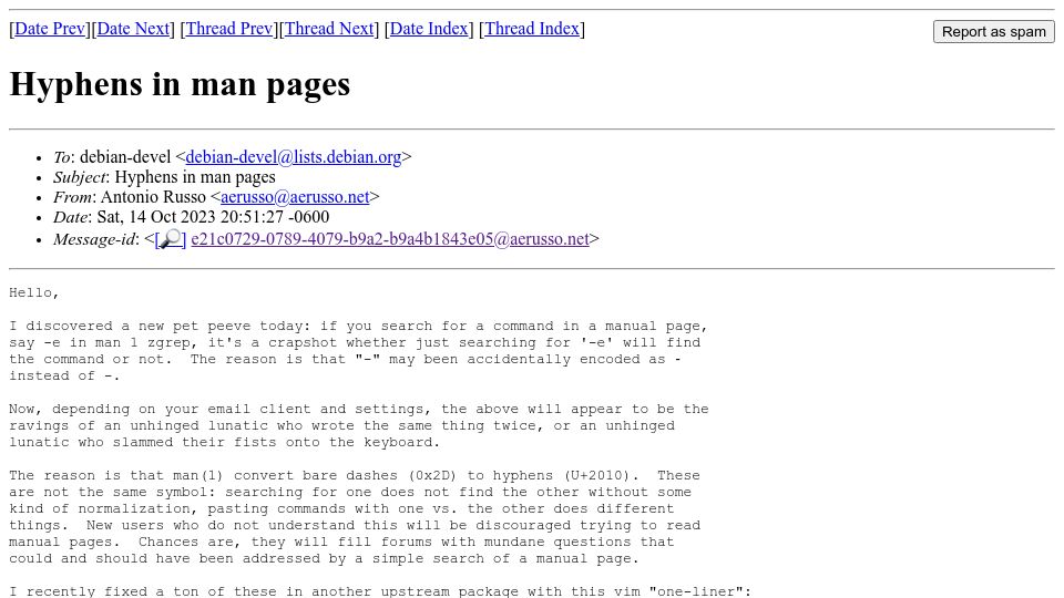 Screenshot of lists.debian.org: Hyphens in man pages