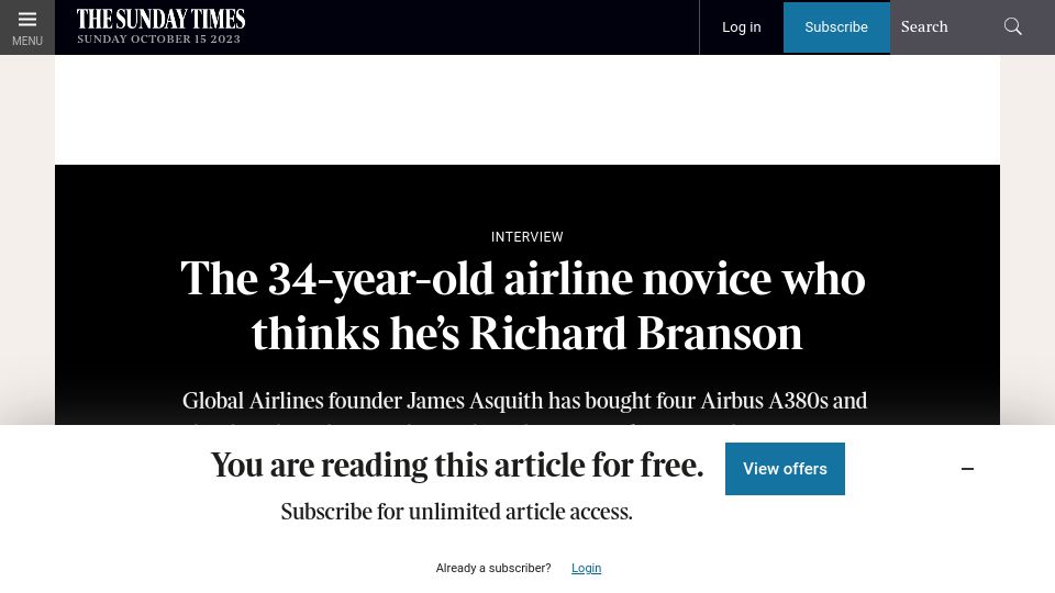 Screenshot of thetimes.co.uk: The 34-year-old airline novice who thinks he's Richard Branson