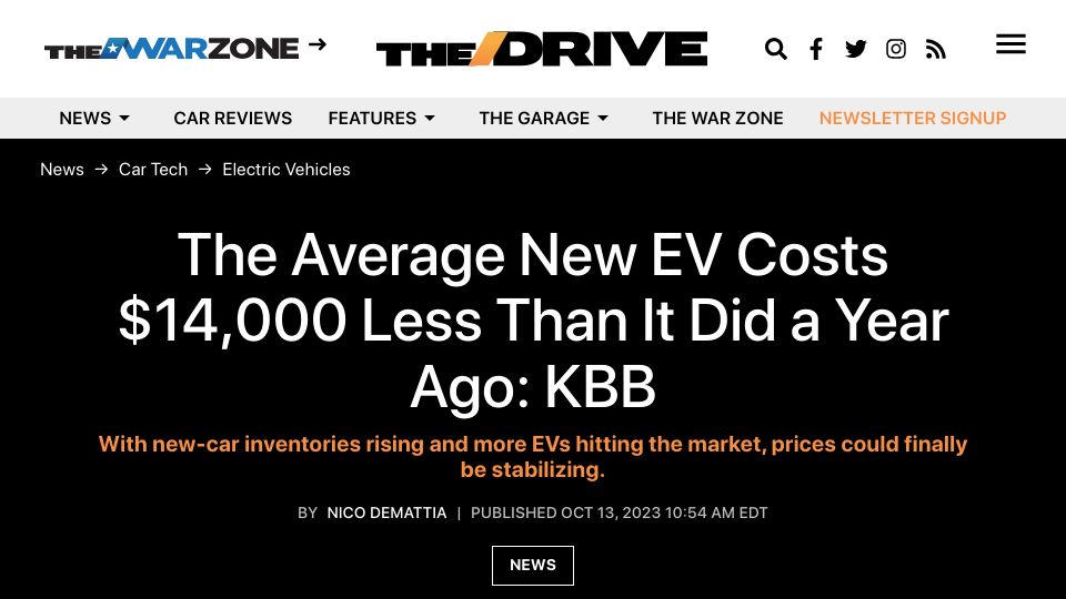 Screenshot of thedrive.com: The Average New EV Costs $14,000 Less Than It Did a Year Ago: KBB