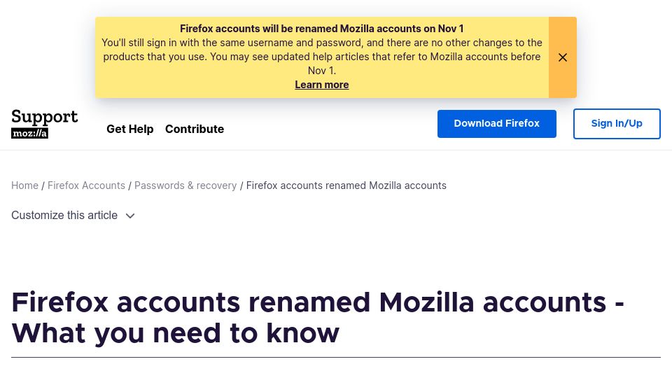 Screenshot of support.mozilla.org: Firefox accounts renamed Mozilla accounts