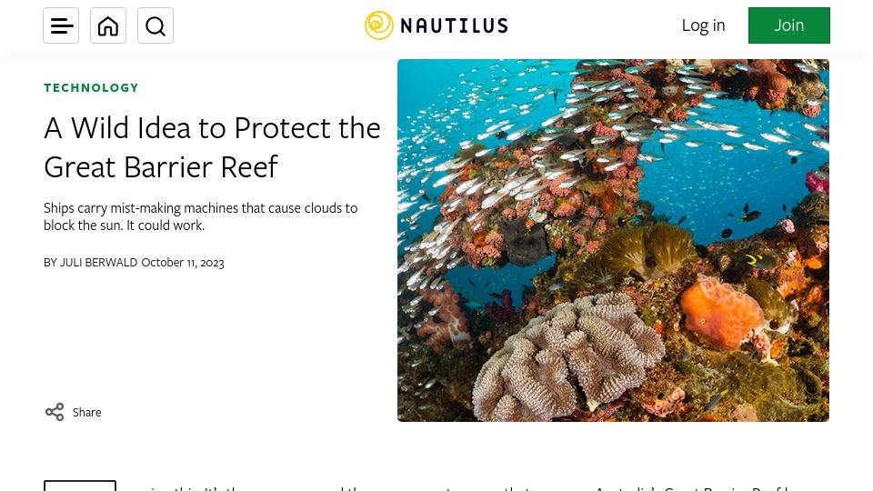 Screenshot of nautil.us: A wild idea to protect the Great Barrier Reef