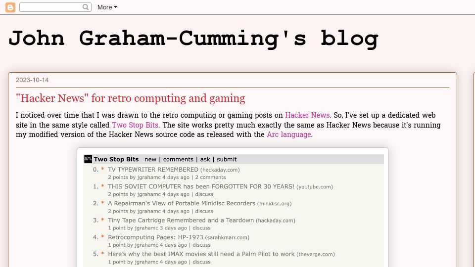 Screenshot of blog.jgc.org: "Hacker News" for retro computing and gaming