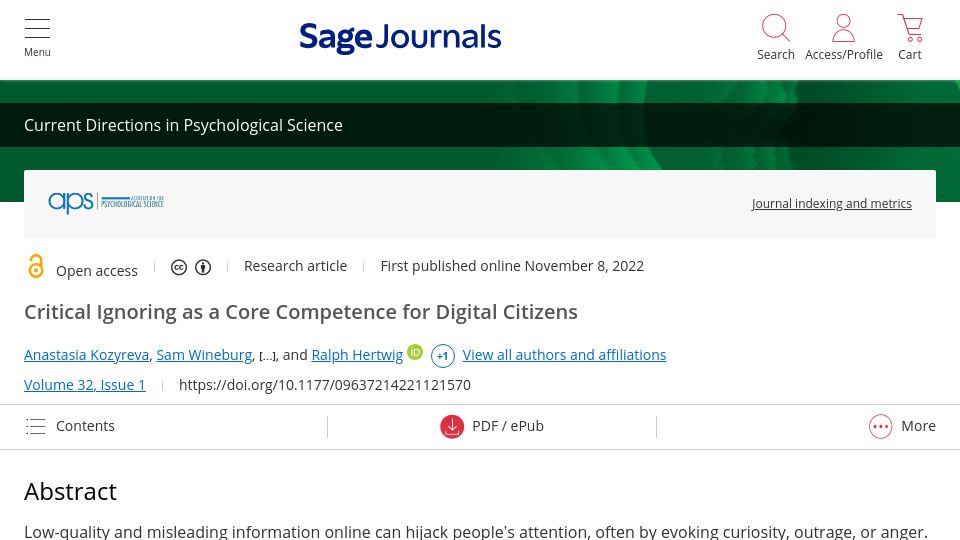 Screenshot of journals.sagepub.com: Critical Ignoring as a Core Competence for Digital Citizens