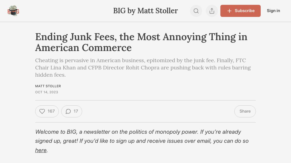 Screenshot of thebignewsletter.com: Ending Junk Fees, the Most Annoying Thing in American Commerce