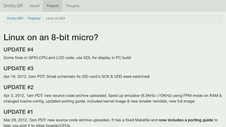 Screenshot of dmitry.gr: Linux on an 8bit Microcontroller