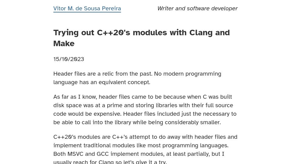 Screenshot of 0x1.pt: Trying out C++20's modules with Clang and Make
